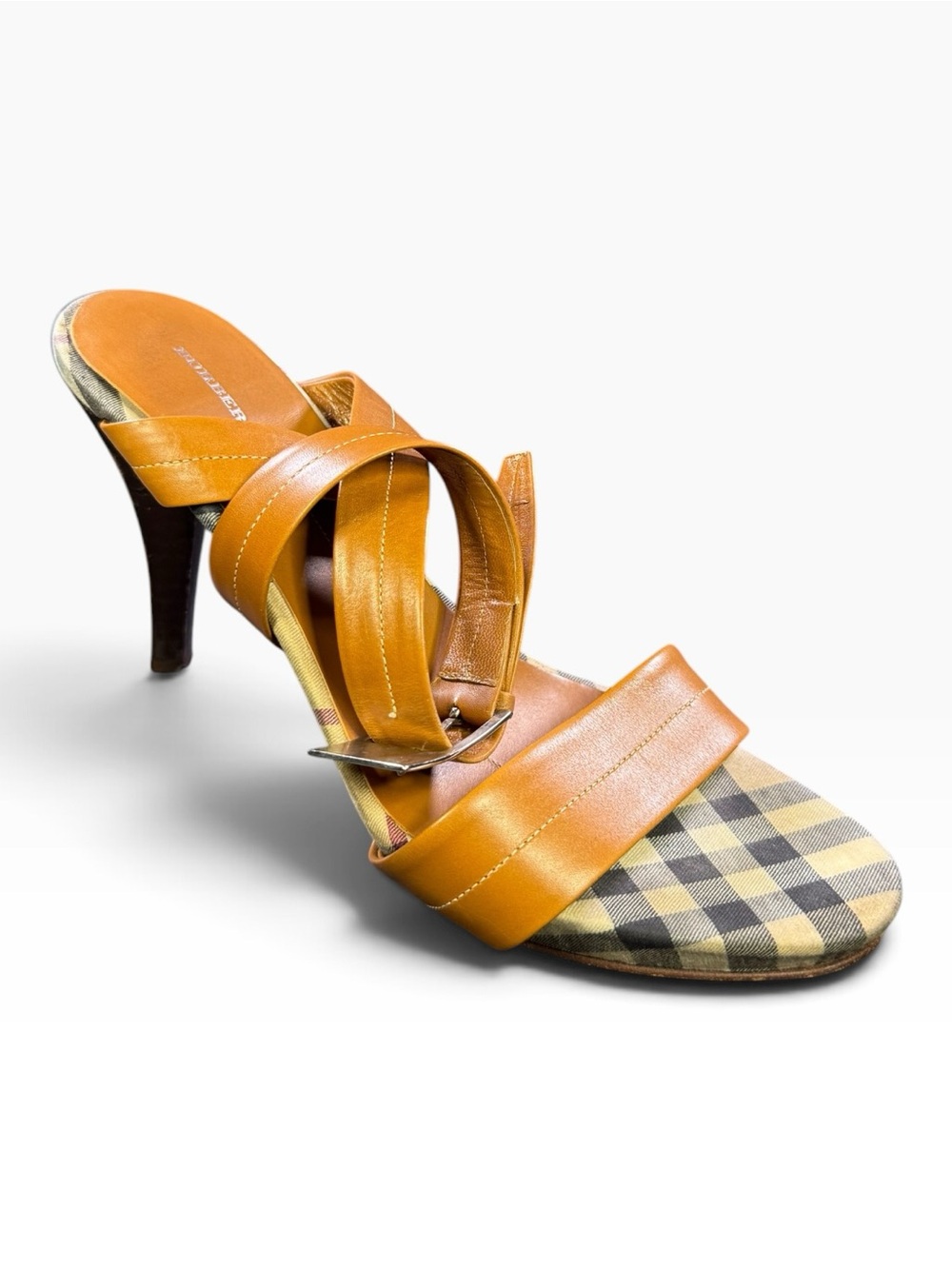 Burberry Tan Leather Strappy Heel Sandals with Nova Check Plaid Toe